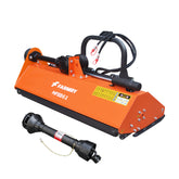 The farmry MFSS61 3 Point 61" Flail Mower features PTO hydraulic side shift, fits Category 1 & 2 tractors (20-45HP), and comes with a black PTO shaft for easy attachment using a sturdy 3-point linkage.