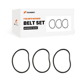 A white Farmry box labeled "(1 Pack/3 Pcs) Belt Set for MFS Mower" is shown with three black mower belts displayed in front.
